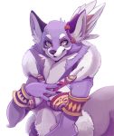  2018 anklet anthro black_ears breasts canid canine cheek_tuft countershade_face countershade_torso countershading facial_tuft female fox fur half-length_portrait hand_on_breast inutsukihasukii jewelry kemono long_neck looking_at_viewer mammal neck_tuft portrait purple_body purple_fur simple_background solo tuft white_background white_countershading yellow_eyes 