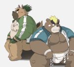  2020 anthro ashigara belly blush butt canid canine canis domestic_dog duo hi_res hon55728 humanoid_hands kemono male mammal moobs nipples overweight overweight_male scar simple_background sitting sumo tokyo_afterschool_summoners ursid video_games white_background yasuyori 
