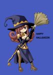  1girl bare_shoulders blue_background boots bow bowtie breasts broom brown_eyes chibi choker cleavage elbow_gloves erza_scarlet fairy_tail full_body gloves hair_over_one_eye halloween halloween_costume hat high_heel_boots high_heels holding holding_broom jack-o&#039;-lantern large_breasts long_hair mashima_hiro midriff_peek navel official_art red_hair simple_background skirt sleeveless smile solo thigh_boots thighhighs witch_hat 