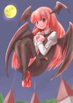  bat_wings black_legwear black_skirt black_vest blush clip_studio_paint_(medium) collared_shirt dress_shirt eyebrows_visible_through_hair floating full_body full_moon hands_on_own_chest hands_together head_wings high_heels highres juliet_sleeves koakuma long_hair long_sleeves looking_at_viewer moon night night_sky outdoors puffy_sleeves red_eyes red_footwear red_hair red_neckwear scarlet_devil_mansion shirt skirt skirt_set sky smile thighhighs touhou very_long_hair vest white_shirt wings yamabukiiro_(browncat) zettai_ryouiki 