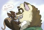  anthro ashley_(themuffinly) domestic_ferret duo female growling hug male mammal mouse muffin_(themuffinly) murid murine mustela mustelid musteline rodent showing_teeth size_difference teeth themuffinly thick_tail 