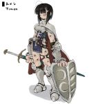  1girl armor boots bracer cape character_name closed_eyes closed_mouth ebimomo extra_eyes full_body highres holding holding_shield holding_sword holding_weapon pelvic_curtain shield simple_background solo standing stones_of_dragon sword two-sided_cape two-sided_fabric weapon white_background 