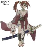  1girl breasts character_name cleavage closed_mouth ebimomo eyepatch fingernails full_body hair_ornament highres holding holding_sword holding_weapon horns japanese_clothes katana kimono leaning_forward one_eye_covered oni_horns oversized_forearms oversized_limbs pelvic_curtain ponytail red_eyes red_hair red_kimono sandals scabbard sheath sheathed simple_background solo standing stones_of_dragon sword weapon white_background 