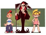  1girl 2boys big_nose billy_(grim_adventures) black_robe blonde_hair confused denim dress grim_(grim_adventures) hairband hand_on_own_face highres jeans mandy_(grim_adventures) multiple_boys orange_hair pants pink_dress raised_eyebrow rariatto_(ganguri) red_headwear scowl scythe shirt skeleton smile sweat the_grim_adventures_of_billy_&amp;_mandy tongue tongue_out white_shirt 