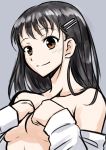  1girl black_hair blush breasts brown_eyes commentary covering covering_breasts grey_background hair_ornament hairclip highres hirasawa_shizuku long_hair off_shoulder osumoto1 shirt simple_background sketch small_breasts smile solo upper_body watashi_ga_motenai_no_wa_dou_kangaetemo_omaera_ga_warui! white_shirt 