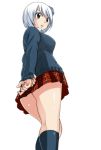  arms_behind_back ass back breasts brown_eyes eyebrows_visible_through_hair fairy_tail feet_out_of_frame hair_between_eyes kneehighs large_breasts looking_at_viewer mashima_hiro miniskirt official_art short_hair simple_background skirt standing upskirt white_background white_hair 