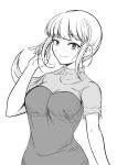  1girl arm_up breasts cleavage commentary dress earrings eyebrows_visible_through_hair greyscale hand_in_hair highres jewelry katou_asuka large_breasts long_hair looking_at_viewer monochrome osumoto1 sketch smile solo upper_body watashi_ga_motenai_no_wa_dou_kangaetemo_omaera_ga_warui! 