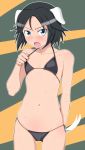  1girl adjusting_clothes adjusting_swimsuit animal_ears arm_behind_back bandaid bandaid_on_face bikini black_eyes black_hair blush brave_witches commentary cowboy_shot fang flat_chest frown kanno_naoe looking_at_viewer micro_bikini navel open_mouth short_hair side-tie_bikini solo string_bikini sweat swimsuit tail tanaka_rikimaru world_witches_series 