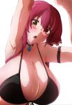  1girl bikini black_bikini breasts cleavage front-tie_bikini front-tie_top highres hololive houshou_marine huge_breasts long_hair looking_at_viewer mitarashi_o open_mouth red_eyes red_hair shiny shiny_hair shiny_skin simple_background solo sweat swimsuit virtual_youtuber white_background 