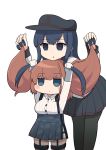  2girls akatsuki_(kantai_collection) anchor_hair_ornament anchor_symbol atlanta_(kantai_collection) bangs black_legwear blush breasts brown_hair eyebrows_visible_through_hair flat_cap garter_straps hair_grab hair_ornament hair_pull hat highres holding holding_hair kantai_collection long_hair long_sleeves multiple_girls open_mouth pantyhose pleated_skirt remodel_(kantai_collection) sailor_collar school_uniform serafuku sidelocks simoyuki simple_background skirt suspender_skirt suspenders white_background 