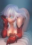  1girl all_fours artemis_(fate/grand_order) bare_shoulders bed_sheet blue_eyes breasts closed_mouth elbow_gloves fate/grand_order fate_(series) gloves large_breasts long_hair orion_(fate/grand_order) photoshop_(medium) red_gloves solo stuffed_animal stuffed_toy teddy_bear white_hair zhoumo_fangjia 