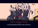  3girls arknights azur_lane bangs cerberus_(helltaker) girls_frontline hair_between_eyes headgear helltaker highres jacket long_hair m4_sopmod_ii_(girls_frontline) multicolored_hair multiple_girls open_mouth pink_hair red_eyes red_hair ro635_(dinergate) roon_(azur_lane) smile snafu_1313 streaked_hair w_(arknights) 