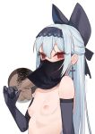  1boy 1girl bangs black_gloves blue_hair bow breasts choker earrings elbow_gloves fellatio fellatio_under_mask girls_frontline gloves hair_bow hairband jewelry juz long_hair nipples oral partially_undressed pubic_hair red_eyes simple_background small_breasts solo solo_focus testicles tokarev_(girls_frontline) white_background 