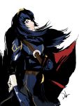  1girl alternate_costume alternate_hair_length alternate_hairstyle bangs belt blue_background blue_eyes blue_gloves blue_hair blue_shirt breasts cape commentary_request cosplay crown dh_(brink_of_memories) fingerless_gloves fire_emblem fire_emblem_awakening gloves hairband headband long_hair looking_at_viewer lucina_(fire_emblem) lucina_(fire_emblem)_(cosplay) persona persona_4 persona_x_detective shadow shirogane_naoto shirt signature simple_background smile solo sword weapon white_background 