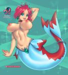  alternate_species big_breasts breasts clothed clothing female final_fantasy green_eyes hair huge_breasts looking_at_viewer marine merfolk nipples raised_arm red_hair solo square_enix supersatanson topless video_games white_mage 