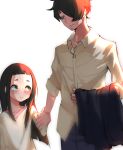  1boy 1girl blush clip_studio_paint_(medium) facial_hair father_and_daughter goto_hime goto_kakushi hair_over_one_eye holding_hands kakushigoto kurokiri6630 long_hair looking_at_another shirt simple_background smile standing stubble white_background white_shirt 