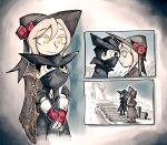  1boy 1girl black_coat bloodborne coat flower gloves hat head_on_head height_difference hug hunter_(bloodborne) looking_at_another mask plain_doll rose setz shawl stairs white_hair yellow_eyes 