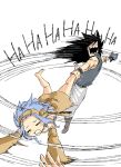  1boy 1girl ankle_grab bare_shoulders barefoot black_hair blue_hair cat closed_eyes crying detached_sleeves dress fairy_tail gajeel_redfox hair_between_eyes hairband levy_mcgarden long_hair mashima_hiro motion_lines official_art open_mouth pantherlily pants sharp_teeth shirt short_hair simple_background sleeveless swinging teeth white_background 