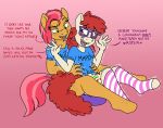  &lt;3 anthro babs_seed_(mlp) blush caroo clothed clothing dialogue duo ear_piercing ear_ring earth_pony english_text equid equine eyewear female female/female freckles friendship_is_magic fully_clothed glasses hooves horse legwear mammal my_little_pony piercing pony sitting socks text tickling twist_(mlp) 