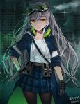  aek-999_(girls_frontline) arm_at_side artist_name bangs belt black_gloves blue_coat breasts building character_name coat collarbone eyebrows_visible_through_hair gingham_skirt girls_frontline gloves goggles goggles_on_head green-tinted_eyewear green_theme grey-framed_eyewear grey_belt grey_hair hair_between_eyes hand_on_hip headphones headphones_around_neck high_ponytail highres kinchee layered_clothing leather leather_gloves long_hair looking_at_viewer open_clothes open_coat outdoors pantyhose parted_lips pleated_skirt pocket popped_collar print_skirt raised_eyebrows sam_browne_belt shirt sidelocks signature silver-framed_eyewear skirt skyscraper sleeve_cuffs sleeves_rolled_up smile source_request sparkle utility_belt very_long_hair wavy_hair white_shirt yellow_eyes 