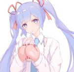  1girl absurdres bangs blue_eyes blue_hair blue_neckwear collared_shirt cup disposable_cup drinking eyebrows_visible_through_hair fur-trimmed_jacket fur_trim hair_ribbon hatsune_miku head_tilt highres holding holding_cup jacket long_hair long_sleeves necktie number open_clothes open_jacket pink_mittens red_ribbon ribbon shirt simple_background solo twintails upper_body very_long_hair vocaloid white_background white_jacket white_shirt yuzuaji 