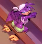  anthro avian bandanna beak bigdad bird bottomwear butt clothed clothing eyelashes feathers female green_bottomwear green_clothing hirundinid looking_at_viewer monotone_body monotone_feathers monotone_tail one_eye_closed purple_body purple_feathers sitting sonic_riders sonic_the_hedgehog_(series) swallow_(bird) tail_feathers wave_the_swallow 