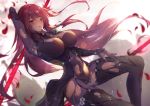  1girl absurdres arm_up bangs bodysuit breasts covered_navel fate/grand_order fate_(series) gae_bolg hair_between_eyes hair_intakes highres large_breasts long_hair looking_at_viewer parted_lips pauldrons petals polearm purple_bodysuit purple_hair red_eyes scathach_(fate)_(all) scathach_(fate/grand_order) shoulder_armor spear thighs torn_bodysuit torn_clothes vanitas_0 weapon 