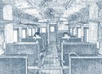  2girls absurdres black_hair crosshatching densya_t door highres monochrome multiple_girls no_nose original seat shelf train_interior window 