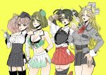  4girls anno88888 atlanta_(kantai_collection) bangs blonde_hair breasts brown_hair cleavage closed_eyes double_bun eyebrows_visible_through_hair garrison_cap garter_straps gloves green_hair grin hair_ribbon hat headgear highres japanese_clothes kantai_collection large_breasts long_hair maya_(kantai_collection) mini_hat multiple_girls muneate nelson_(kantai_collection) open_mouth partly_fingerless_gloves remodel_(kantai_collection) ribbon short_hair side_slit simple_background single_glove skirt smile suspender_skirt suspenders twintails v yellow_background yugake zuikaku_(kantai_collection) 