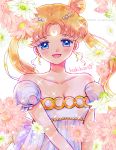  1girl :d bangs bare_shoulders bishoujo_senshi_sailor_moon blonde_hair blue_eyes crescent double_bun dress earrings facial_mark flower forehead_mark hair_ornament hairpin hoshikuzu_(milkyway792) jewelry long_hair looking_at_viewer open_mouth parted_bangs princess_serenity puffy_sleeves repost_notice signature simple_background smile solo strapless strapless_dress tsukino_usagi twintails upper_body white_background white_dress 