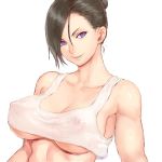  1girl bare_shoulders breasts brown_hair commentary copyright_request earrings hair_bun jewelry large_breasts looking_at_viewer nipples parted_lips purple_eyes shu-mai simple_background smile solo tank_top upper_body white_background 