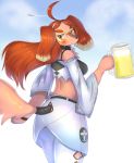  2020 ahoge aircraft anthro beer_mug black_nose blush breasts canid canine canis clothed clothing cloud day domestic_dog eyewear female fluffy fur furgonomics glasses hair hi_res holding_object long_hair looking_at_viewer mammal midriff outside pink_body pink_fur red_hair smile solo spitfire_(hideki_kaneda) white_body white_fur zc32s_kb 
