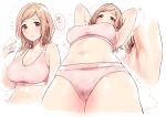  1girl armpits blonde_hair blush breasts brown_eyes cameltoe cleavage commentary commentary_request flying_sweatdrops heart hot idolmaster idolmaster_shiny_colors large_breasts long_hair looking_at_viewer looking_down multiple_views navel open_mouth panties pink_panties sakuragi_mano speech_bubble sports_bra stomach sunaba_suzume sweat sweaty_clothes underwear underwear_only wet 