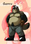  2020 anthro belly bottomwear brown_body brown_fur bulge canid canine clothing fur humanoid_hands kenobear male mammal moobs nipples overweight overweight_male pants raccoon_dog solo tanuki 