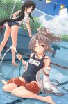  2girls barefoot black_hair black_swimsuit blush brown_eyes cloud collarbone day eyebrows_visible_through_hair hachimaki headband high_ponytail highres holding holding_hose hose k_jie kantai_collection light_brown_hair long_hair low-tied_long_hair multiple_girls name_tag one-piece_swimsuit one_eye_closed partially_submerged pool red_shorts school_swimsuit shorts shouhou_(kantai_collection) sitting sky swimsuit very_long_hair wariza water zuihou_(kantai_collection) 