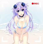  16786827 1girl :p adult_neptune between_legs bikini black_choker blush breast_squeeze breasts choker cleavage commentary_request d-pad d-pad_hair_ornament hair_between_eyes hair_ornament hand_between_legs large_breasts long_hair navel neptune_(series) outdoors purple_eyes purple_hair recording smile solo striped striped_bikini swimsuit tongue tongue_out very_long_hair 