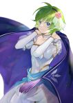  1girl blue_eyes bride bride_(fire_emblem) cape closed_mouth dress fire_emblem fire_emblem:_the_blazing_blade flower green_hair hair_flower hair_ornament hairband highres kyufe nino_(fire_emblem) short_hair simple_background smile solo wedding_dress white_background white_dress 