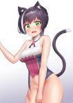  1girl animal_ear_fluff animal_ears bangs bare_arms bare_shoulders black_hair blue_background blush bottomless breasts cat_ears cat_girl cat_tail commentary_request covering covering_crotch deaver embarrassed eyebrows_visible_through_hair fang gem gradient gradient_background green_eyes groin hair_between_eyes highres karyl_(princess_connect!) long_hair looking_at_viewer multicolored_hair navel no_panties nose_blush open_mouth princess_connect! princess_connect!_re:dive shirt simple_background sleeveless sleeveless_shirt solo streaked_hair tail tail_raised tearing_up white_background white_hair 