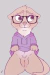  anthro bottomless brown_body brown_fur clothed clothing clothing_lift crotch_tuft eyewear female finnickfag fur genitals glasses grey_background hoodie kneeling lutrine mammal mustelid pussy simple_background solo topwear tuft whiskers 