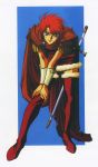  1990s_(style) 1girl blue_eyes boots brooch cape full_body fur_trim hands_on_own_knees highres hunched_over jewelry official_art record_of_lodoss_war red_footwear sheath sheathed shiris solo sword thigh_boots thighhighs v_arms vambraces weapon yuuki_nobuteru 