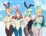  4girls animal_ears annette_fantine_dominic blonde_hair breasts bunny_ears bunny_tail byleth_(fire_emblem) byleth_(fire_emblem)_(female) cake cape cleavage closed_mouth detached_collar earrings elbow_gloves fake_animal_ears fake_tail fire_emblem fire_emblem:_three_houses food fur_trim gloves green_cape green_eyes green_hair holding holding_plate ingrid_brandl_galatea jewelry large_breasts leotard mercedes_von_martritz multiple_girls open_mouth orange_hair pantyhose parted_lips plate purple_eyes short_hair sideboob tail teapot twitter_username white_gloves wrist_cuffs yomusugara_(uzo-muzo) 