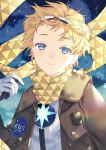  1boy akapug621 blonde_hair blue_eyes bomber_jacket fate/grand_order fate/requiem fate_(series) gloves goggles goggles_on_head jacket male_focus scarf sky smile spacesuit star_(sky) star_(symbol) starry_sky voyager_(fate/requiem) white_gloves yellow_scarf 