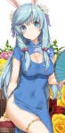  1girl animal_ears aqua_hair arifureta_shokugyou_de_sekai_saikyou blue_dress blue_eyes breasts bunny_ears china_dress chinese_clothes cleavage covered_navel cowboy_shot dress fan flower hair_flower hair_ornament holding kanzashi large_breasts long_hair looking_at_viewer no_panties pelvic_curtain rose shea_haulia short_sleeves smile solo takayaki thighs 