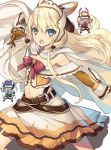  3girls :o alice_corner arm_up bangs belt belt_buckle blonde_hair blue_eyes blush boots bow buckle cape chibi eyebrows_visible_through_hair flat_chest gloves hair_between_eyes headgear highres kenja_no_mago kikuchi_seiji long_hair looking_at_viewer may_von_alsheid midriff multiple_girls navel official_art open_mouth outstretched_arm pose purple_hair ribbon rin_hughes simple_background skirt spoilers upper_teeth white_background 