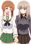  2girls :d absurdres backlighting bangs black_neckwear black_skirt blouse blue_eyes brown_hair clip_studio_paint_(medium) closed_eyes closed_mouth commentary dress_shirt eyebrows_visible_through_hair girls_und_panzer green_skirt grey_shirt heiden highres holding_hands insignia itsumi_erika kuromorimine_school_uniform long_sleeves looking_at_another medium_hair miniskirt multiple_girls neckerchief nishizumi_miho ooarai_school_uniform open_mouth petals pleated_skirt school_uniform serafuku shirt short_hair side-by-side silver_hair skirt smile white_background white_blouse wing_collar yuri 