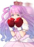  1girl afterimage boxing_gloves breasts candy_hair_ornament commentary covered_mouth cowboy_shot crown dress eyebrows_visible_through_hair fighting_stance food_themed_hair_ornament gradient_hair green_eyes hair_ornament hair_rings heterochromia highres himemori_luna hololive long_hair looking_at_viewer medium_breasts mikan_(chipstar182) mini_crown multicolored_hair off-shoulder_dress off_shoulder pink_dress pink_hair princess purple_eyes purple_hair side_ponytail simple_background solo two-tone_hair virtual_youtuber white_background 