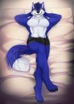  2020 4_toes abs anthro bed black_lips black_nose blue_body blue_fur canid canine canis digital_media_(artwork) digitigrade fur furniture hi_res lips looking_at_viewer lycangel male mammal on_bed orange_eyes smile solo toes wolf 