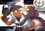  1girl bandaged_arm bandages bangs belt belt_buckle bent_over black_belt blonde_hair breasts buckle buttons character_name claw_pose clover cowboy_shot dark_skin eyebrows_visible_through_hair fangs four-leaf_clover glint guilty_gear guilty_gear_strive hair_between_eyes hat hat_with_ears looking_at_viewer medium_breasts medium_hair micro_shorts migumigu navel o-ring open_fly ramlethal_valentine shorts skindentation solo sparkle teeth thigh_strap twitter_username white_headwear white_shorts yellow_eyes 