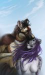  2020 3:5 black_hair black_nose breasts brown_body brown_fur canid canine canis day detailed_background digital_media_(artwork) domestic_dog featureless_breasts felid female fur grey_body grey_fur hair leopard male male/female mammal outside pantherine purple_hair saf sky 