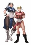  2girls alternate_color alternate_costume alternate_hairstyle antenna_hair bangs bare_legs black_footwear blonde_hair blue_dress blue_eyes boots bracelet braid breasts brown_eyes brown_hair brown_legwear bun_cover cammy_white capcom china_dress chinese_clothes chun-li chun-li_(cosplay) commentary_request cosplay cross-laced_footwear double_bun dress earrings facial_scar fingerless_gloves full_body gauntlets gloves hair_ornament hair_ribbon highres jewelry knee_boots long_hair multiple_girls padded_gloves pantyhose pelvic_curtain pink_dress potemkinbuster puffy_short_sleeves puffy_sleeves red_gloves red_legwear ribbon sash scar scar_on_cheek short_sleeves simple_background spiked_bracelet spikes standing street_fighter thick_thighs thighhighs thighs white_background white_footwear 
